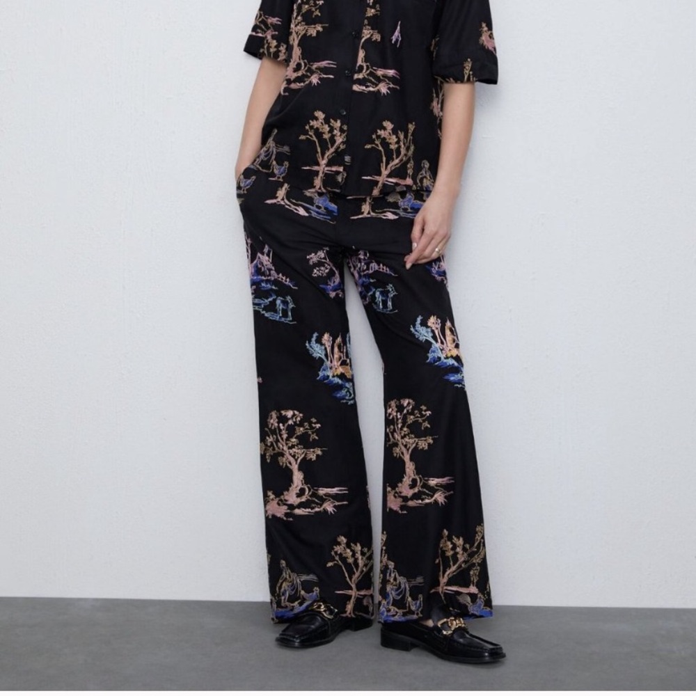 NWT ZARA EMBROIDERED WIDE LEG HIGH WAIST PANT